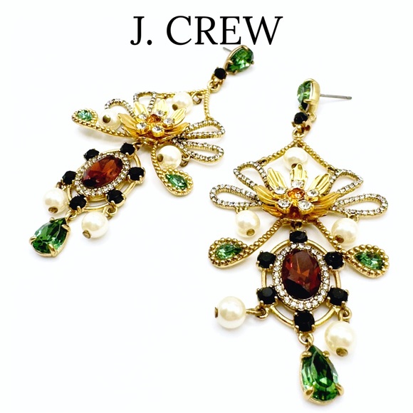 J. Crew • Baroque Floral Mixed Gem Statement Drop Earrings • Alhambra Green - Picture 5 of 13